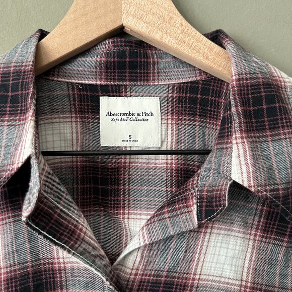 Abercrombie & Fitch 90s Cropped Flannel White Gray Pink Size S - Picture 3 of 4